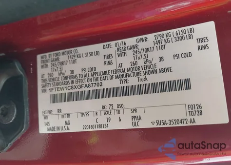 2016 Ford F-150 Xlt from USA, damaged, VIN 1FTEW1C8XGFA87702